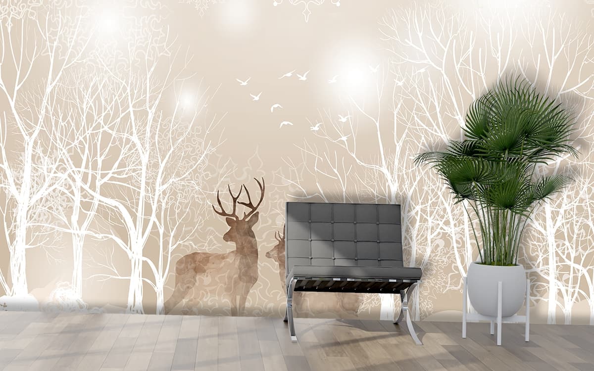 Luxury Winter Holiday Forest with Deer Scene Wallpaper shown in a room