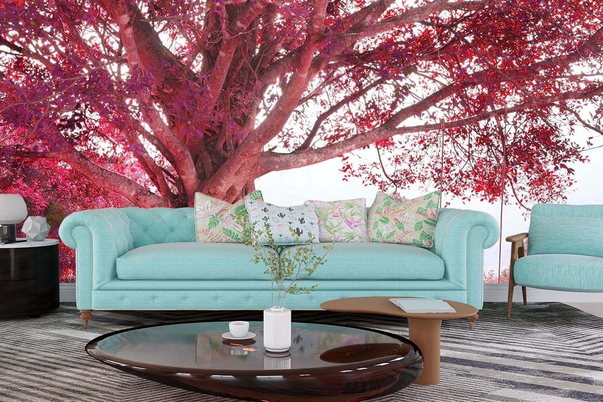 Minimal Tree with Swing Aesthetic Landscape Wallpaper shown in a room