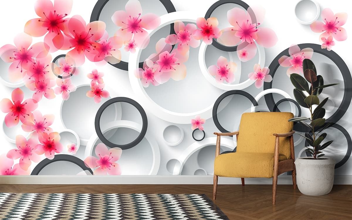 A group of circles and flowers shown in a room
