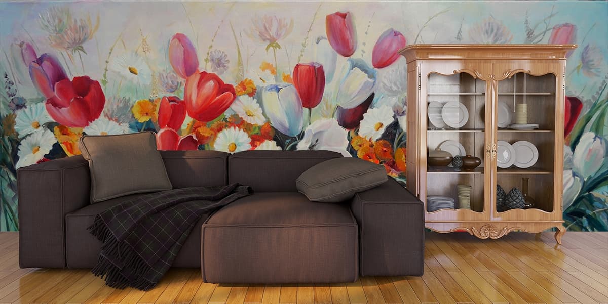 Modern Elegant Floral Grey Wall Art Wallpaper shown in a room