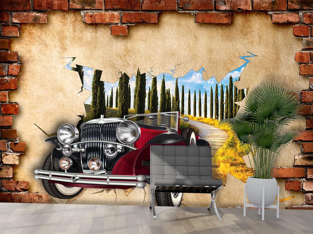 Elegant Car and Road Wall Art Design Wallpaper shown in a room