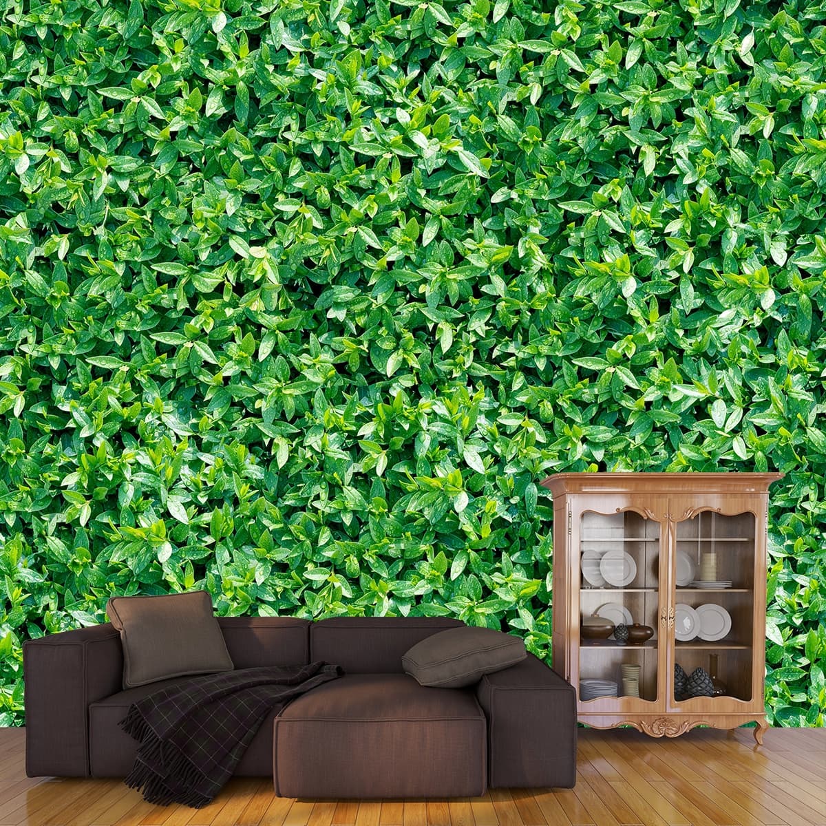 Botanical Greenery Leaves Wallpaper shown in a room
