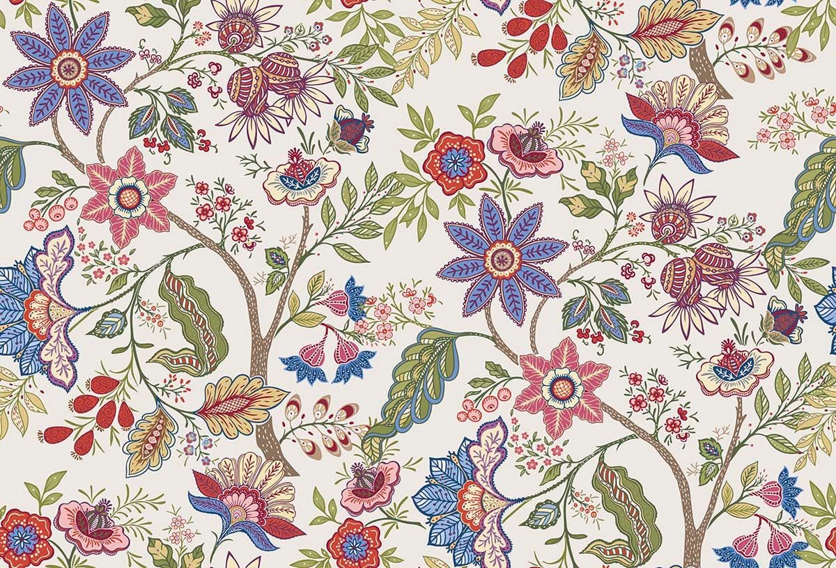 A colorful floral pattern on a white background pattern detail