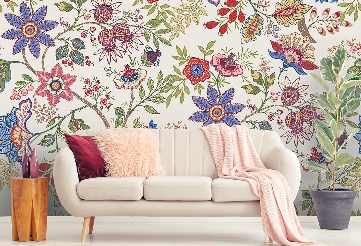 A colorful floral pattern on a white background shown in a room