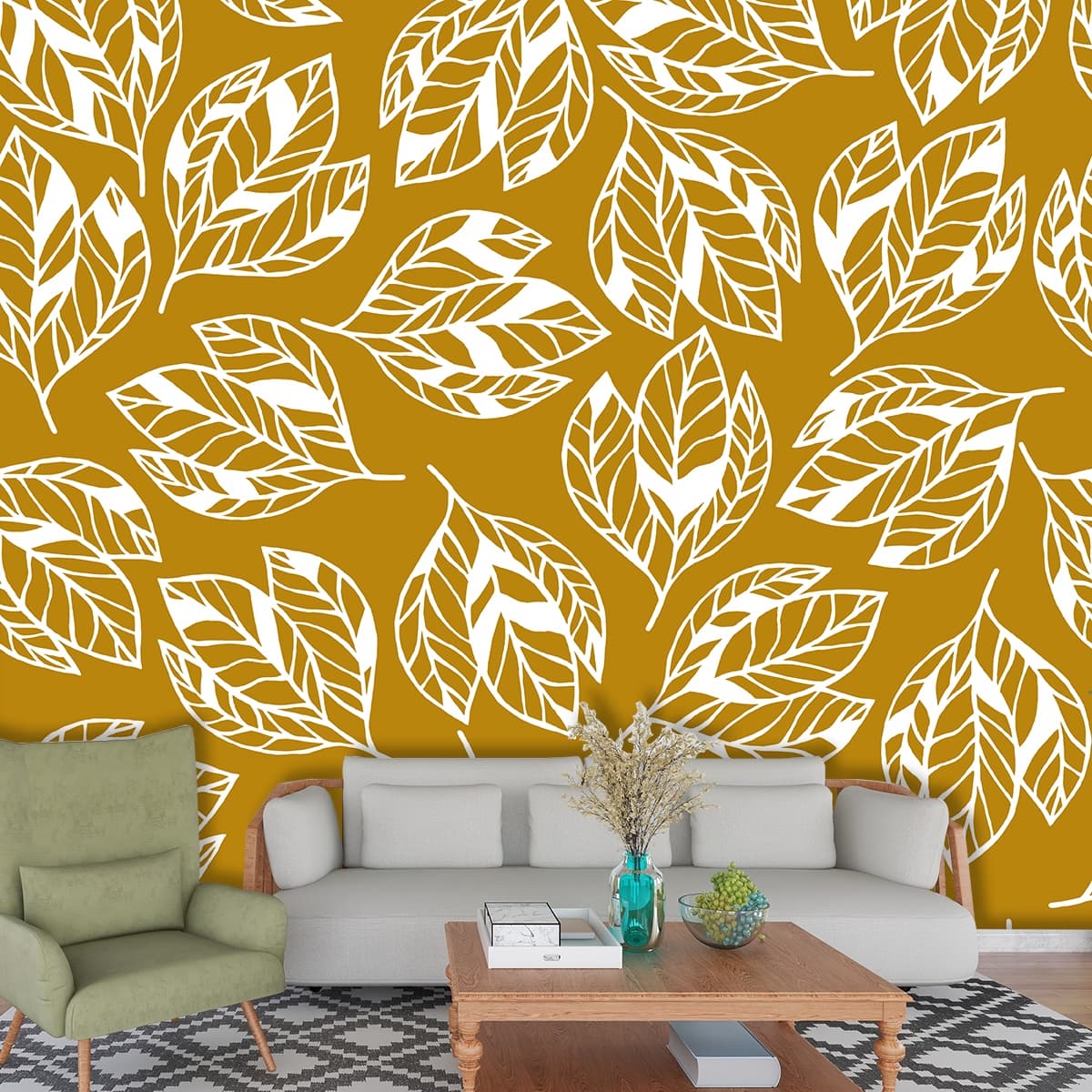 White Leaf Pattern on Yellow Background Wall Mural Wallpaper shown in a room