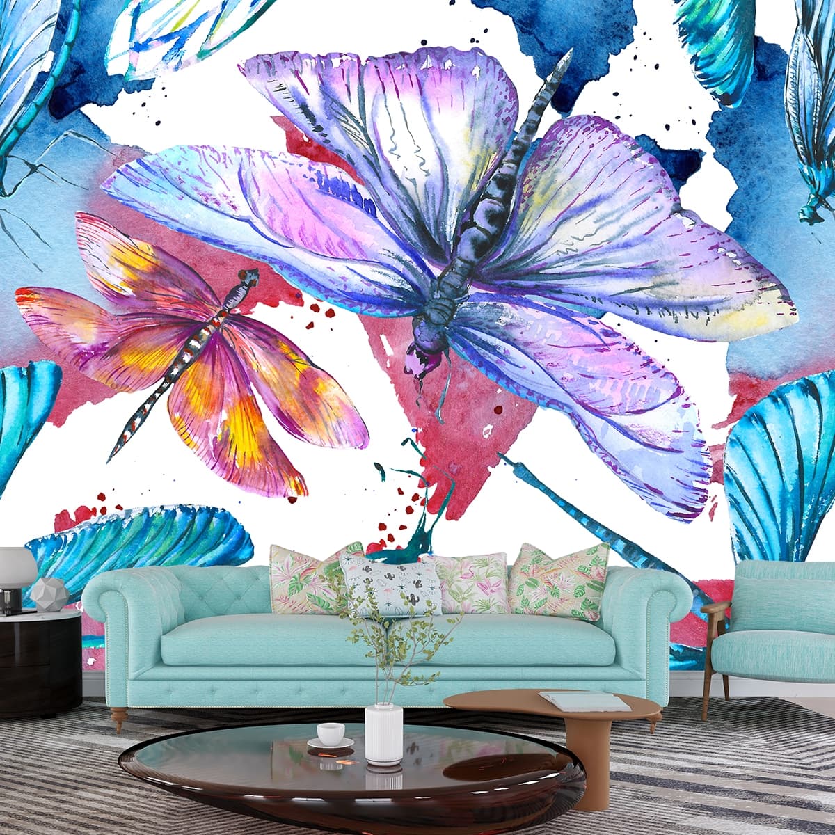 Elegant Dragonfly Painting Style Wallpaper shown in a room