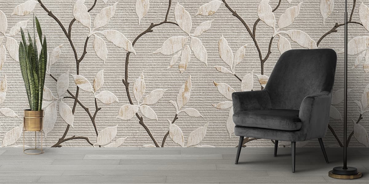 A wallpaper with leaves on it shown in a room