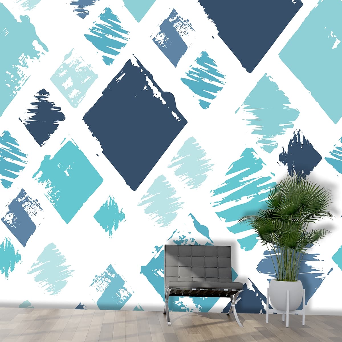 A Pattern of Blue and White Diamonds Geometric Pattern Wallpaper shown in a room