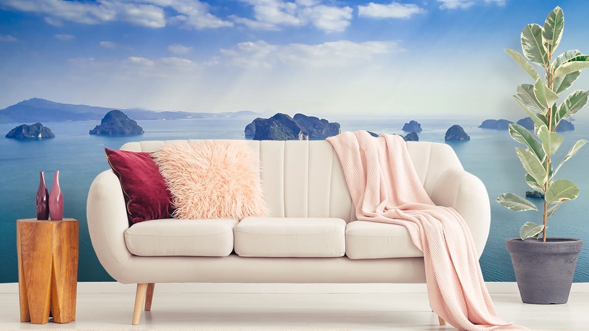 A group of islands in the water shown in a room