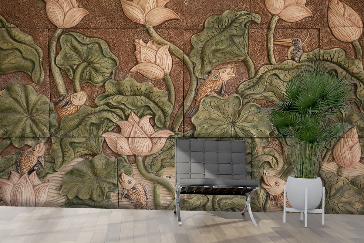 Elegant Fish and Floral Wall Decor wallpaper shown in a room