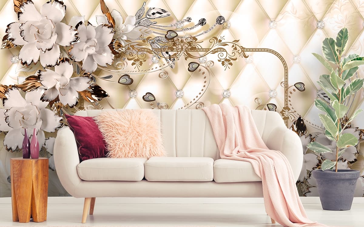 A wallpaper with flowers and diamonds shown in a room