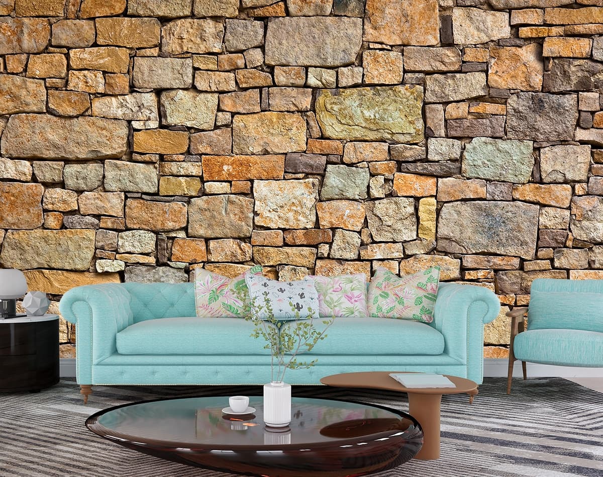 Rock Wall Texture Natural Stone Wall Mural Wallpaper shown in a room