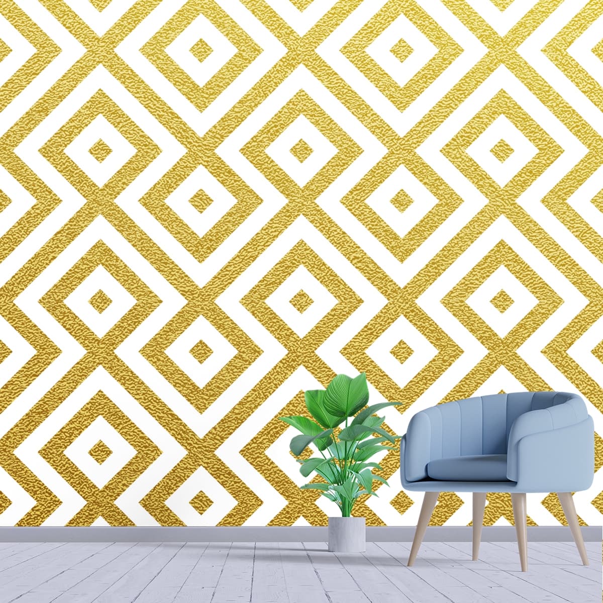 Luxurious Golden Squares Pattern Wallpaper shown in a room
