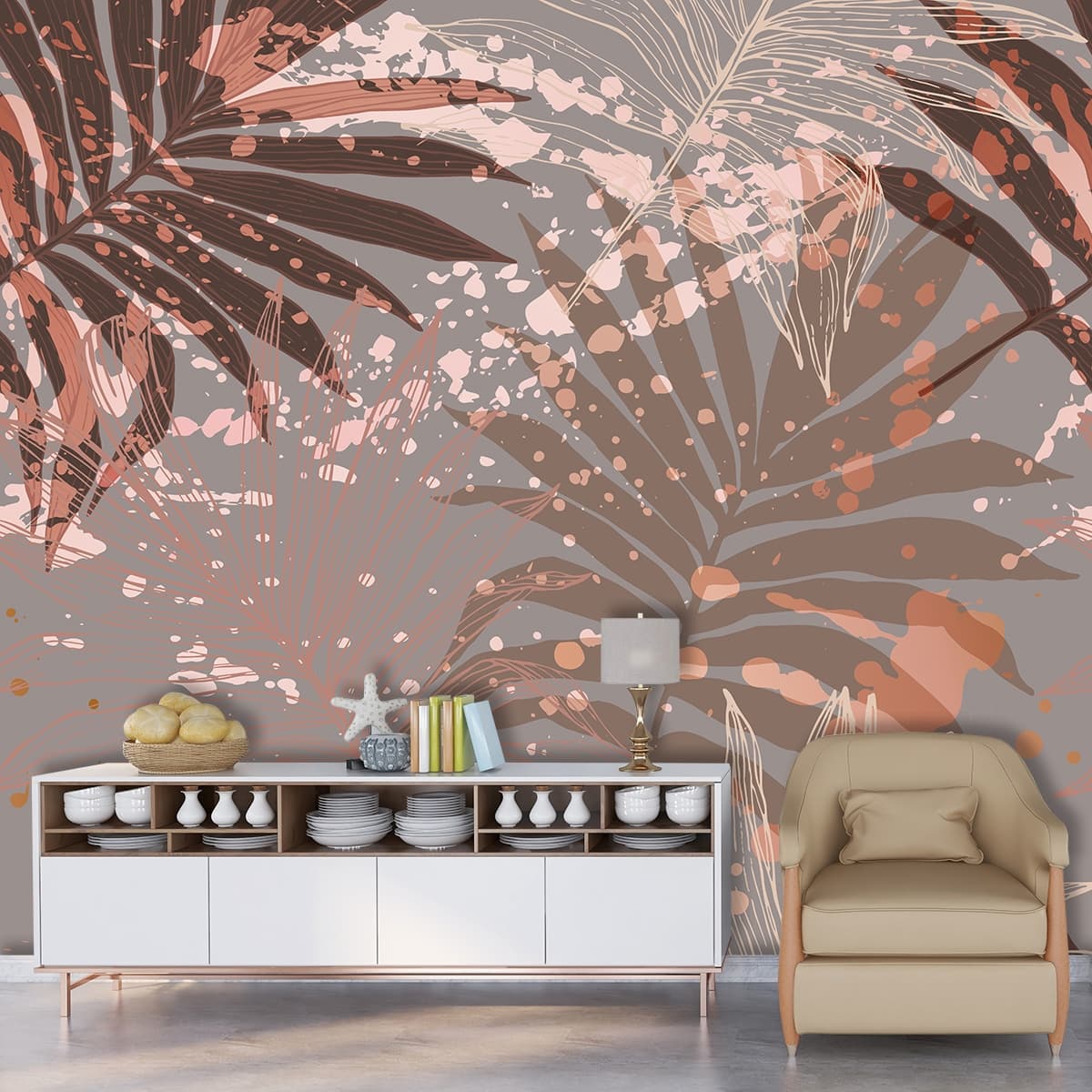 A pattern of leaves and splatters shown in a room