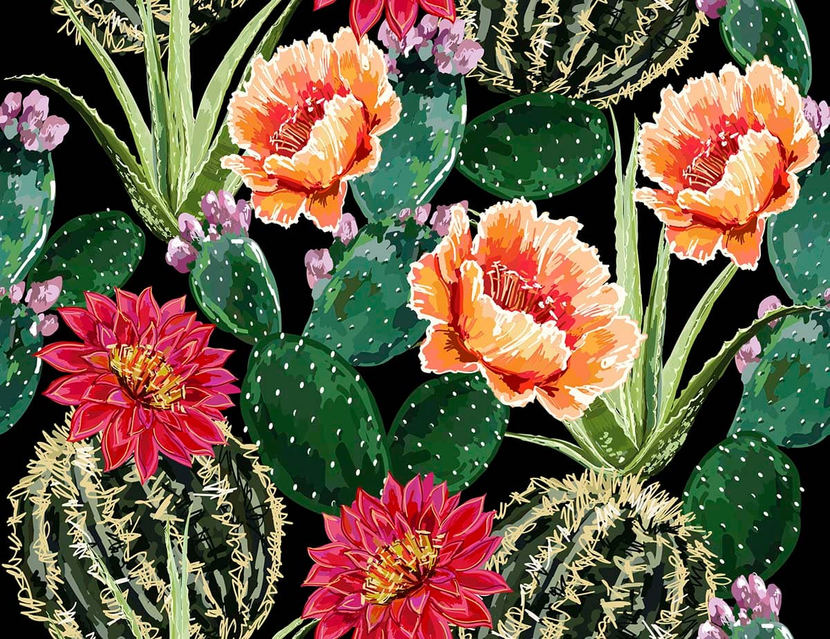 A group of flowers and cactuses pattern detail