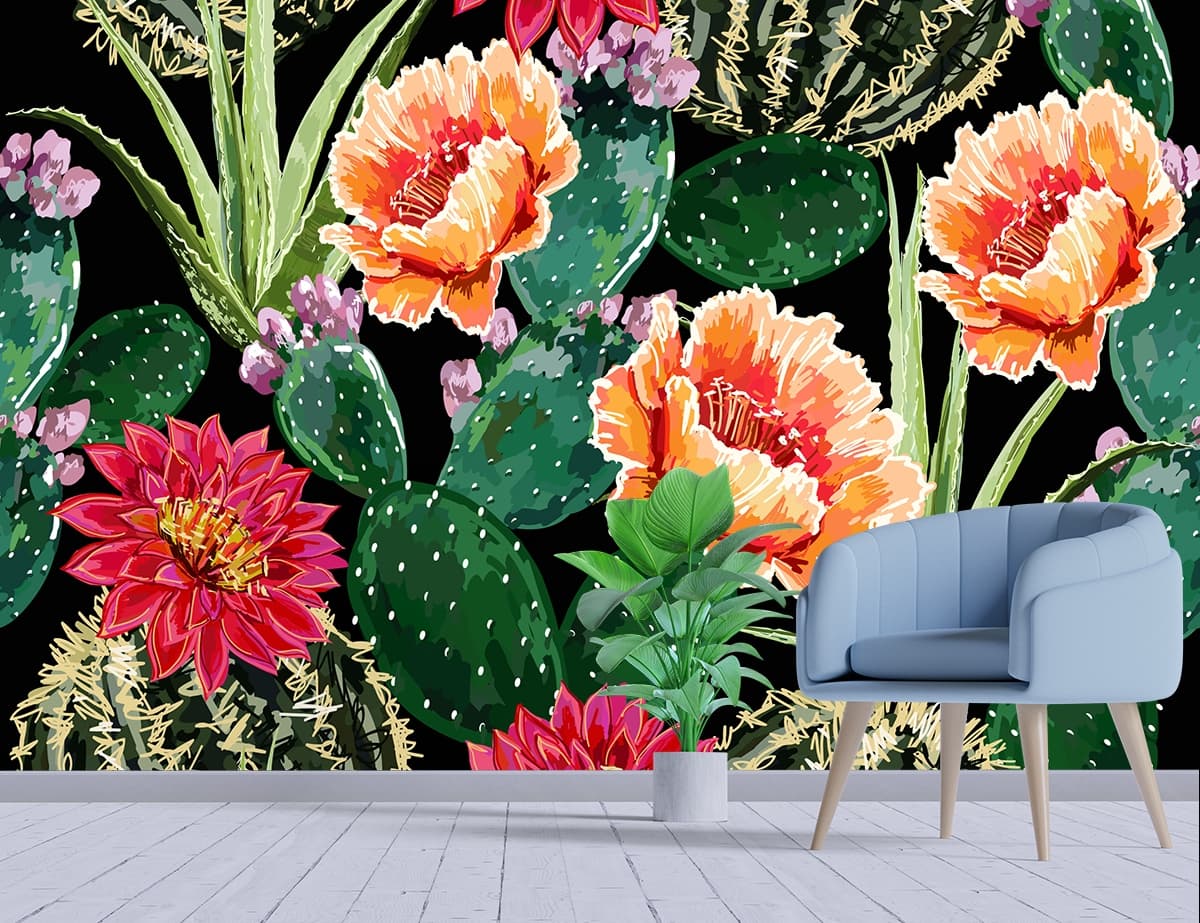 A group of flowers and cactuses shown in a room