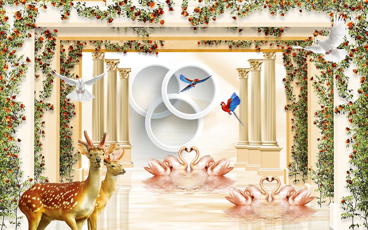 A wallpaper with birds and animals pattern detail
