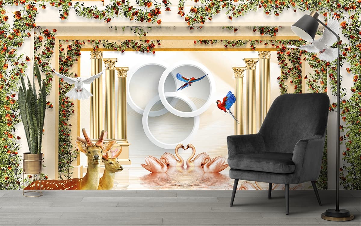 A wallpaper with birds and animals shown in a room