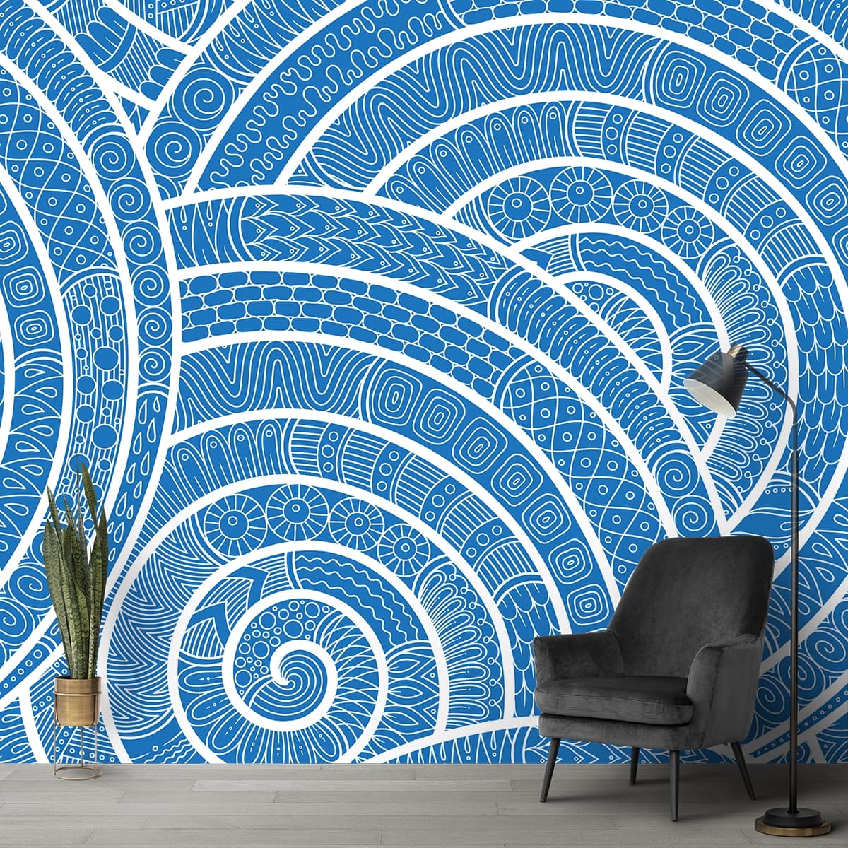 Blue Fibonacci Pattern Wallpaper for Walls shown in a room