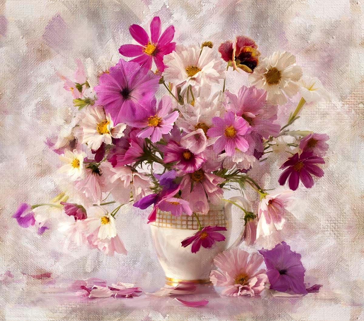 Classic bouquet in vase with soft floral painting wallpaper pattern detail