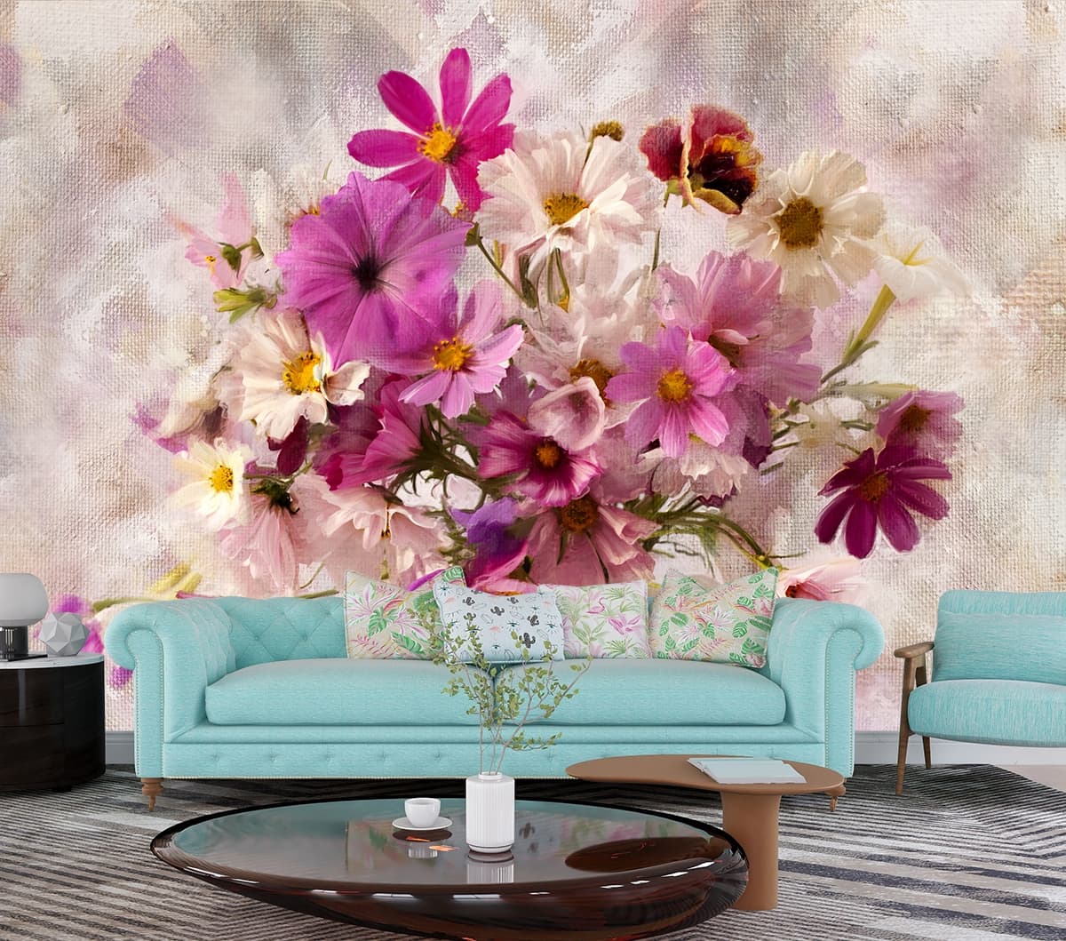 Classic bouquet in vase with soft floral painting wallpaper shown in a room