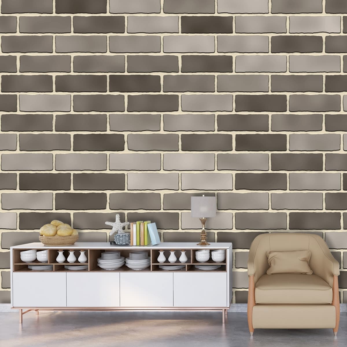 Modern Grey Brick Wall Surface Texture Wallpaper shown in a room