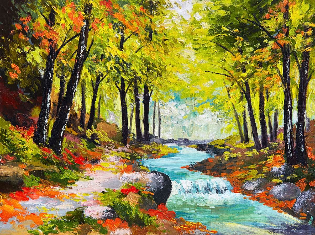 Forest River Painting Scene for Peaceful Wall Ambience Wallpaper pattern detail