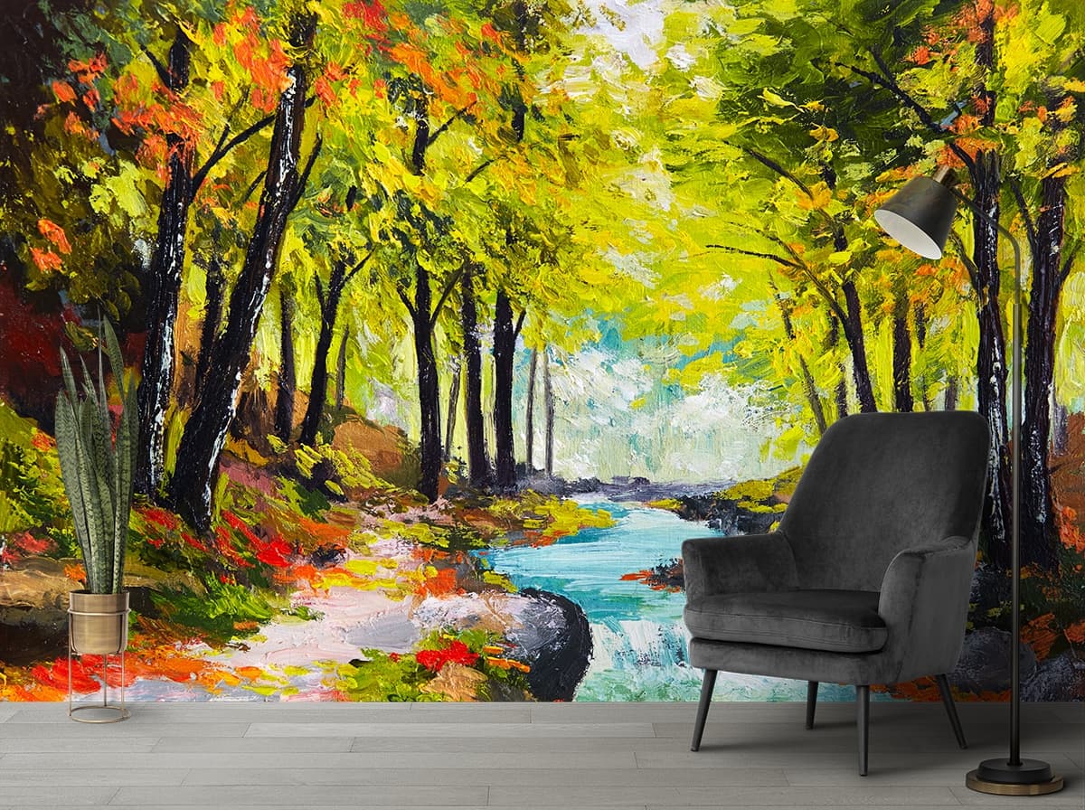 Forest River Painting Scene for Peaceful Wall Ambience Wallpaper shown in a room