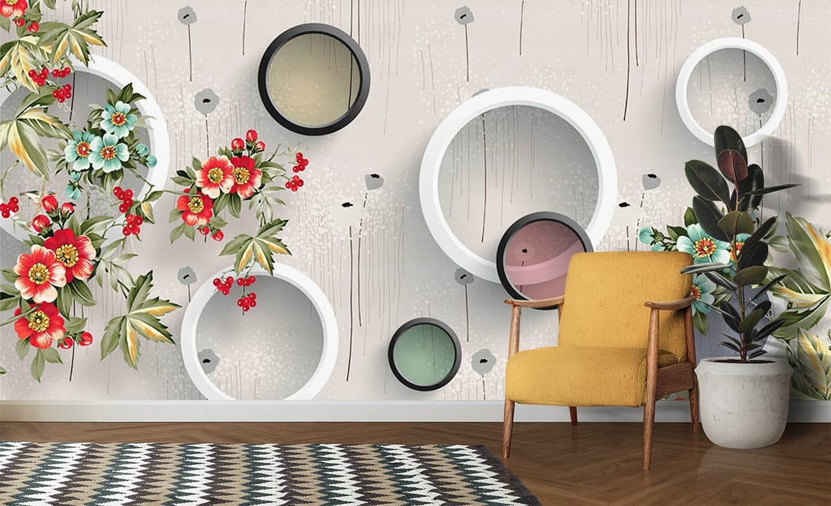 3D Rings and Flowers Design Wallpaper Mural shown in a room