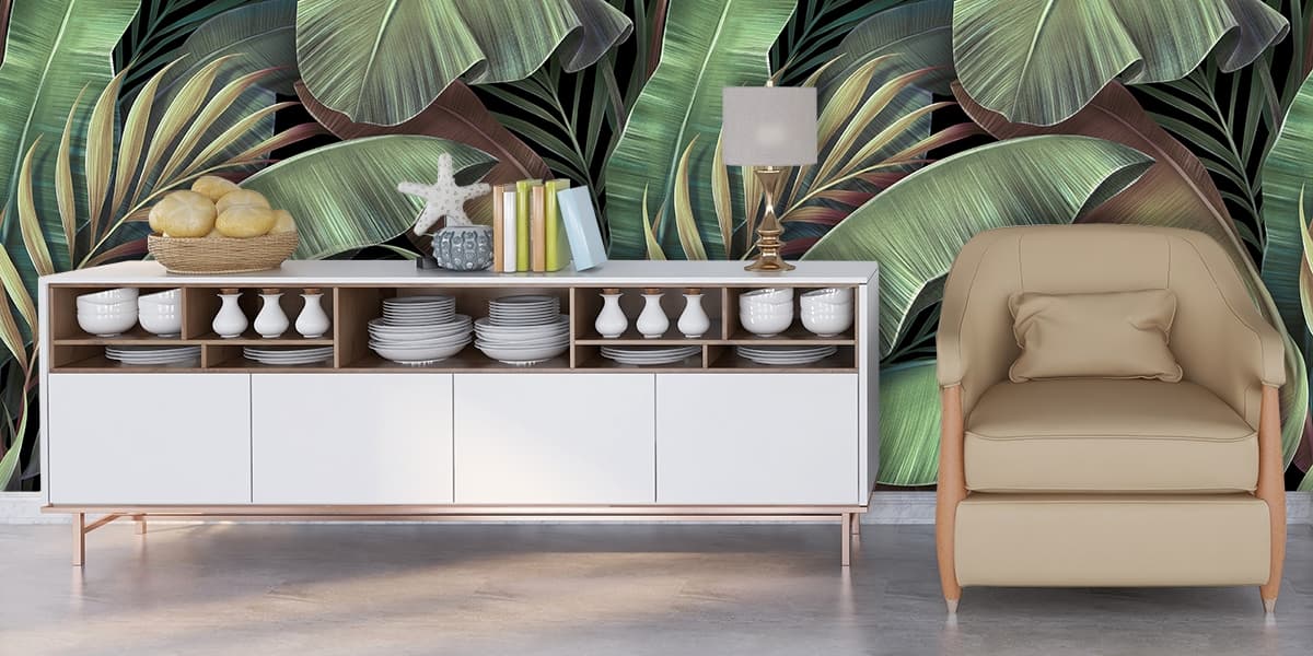 Tropical Plant Close-Up Botanical Greenery Wallpaper shown in a room