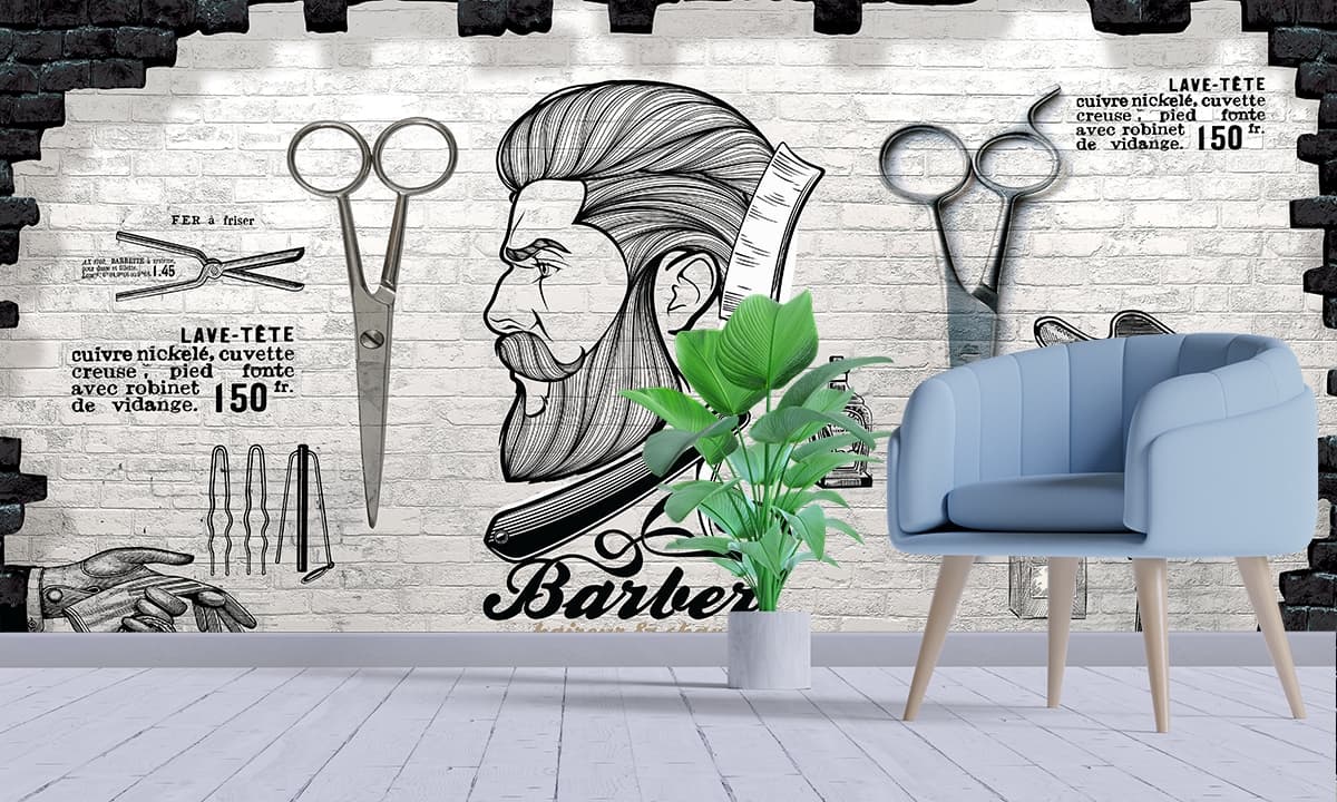 3D Vintage Barber Shop Wallpaper shown in a room