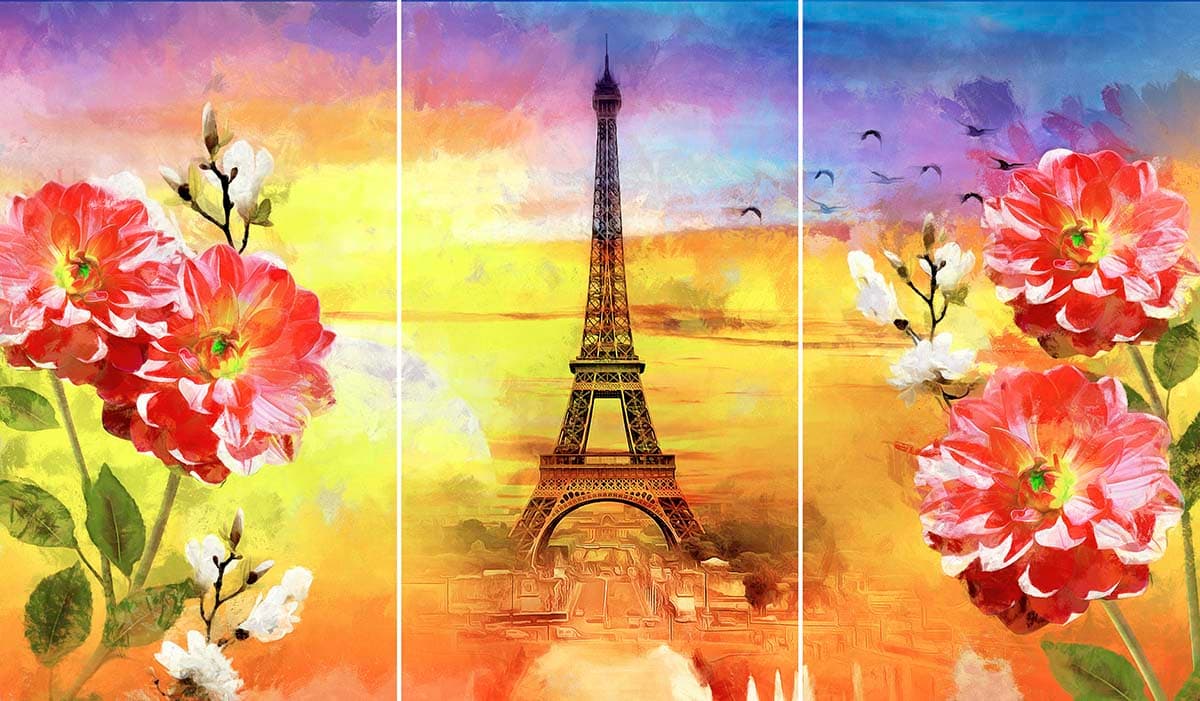 Tower with Flowers Painting Scenic Design wallpaper pattern detail