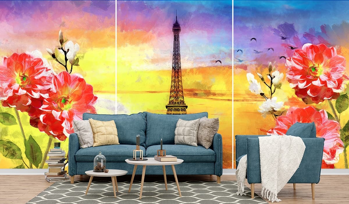 Tower with Flowers Painting Scenic Design wallpaper shown in a room