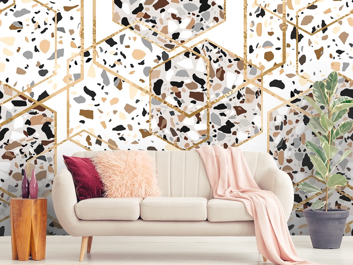 Abstract Hexagon Design Contemporary Wallpaper shown in a room