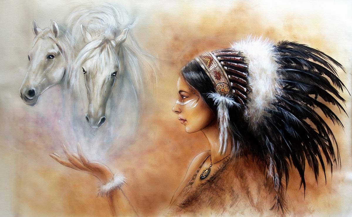Traditional Woman Headdress Horse Scene wallpaper pattern detail
