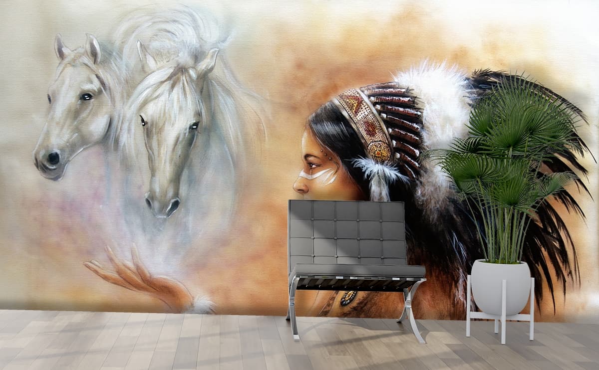 Traditional Woman Headdress Horse Scene wallpaper shown in a room