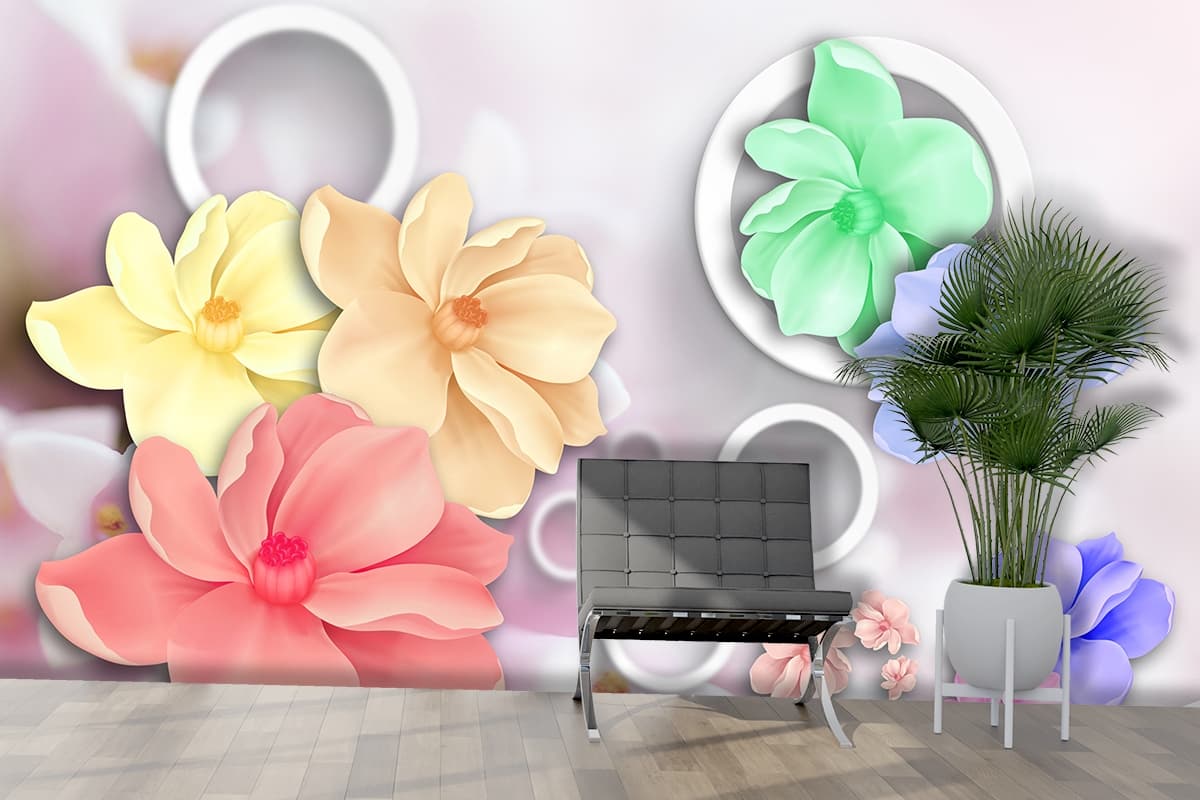 A group of flowers in different colors shown in a room