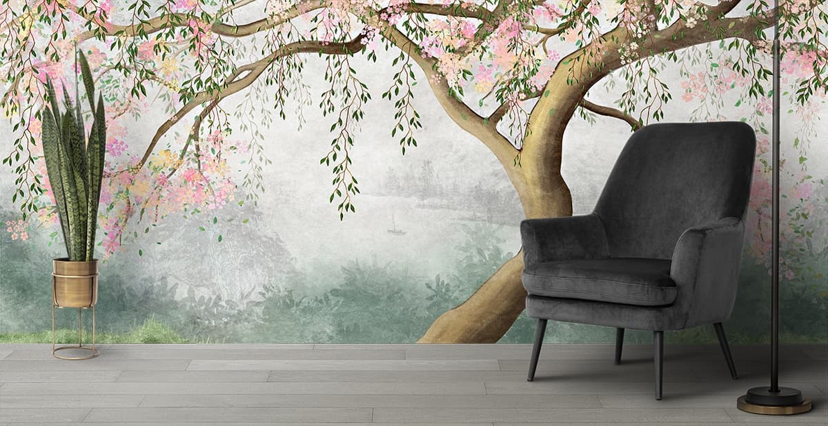 Elegant Pink Flower Tree Minimal Wallpaper shown in a room