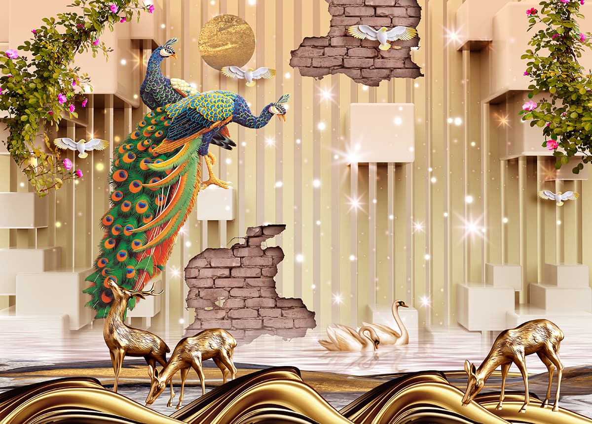 Peacock and Deer Nature Wall Mural Wallpaper pattern detail