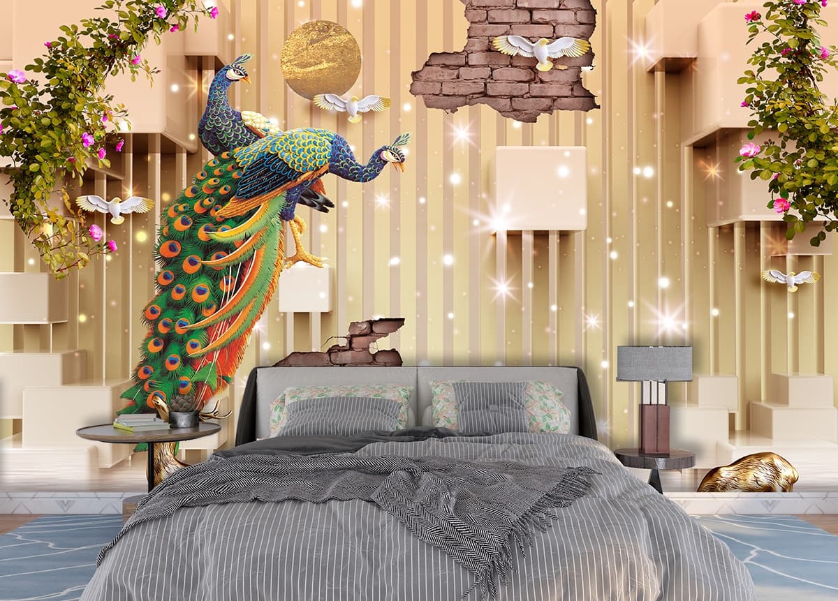 Peacock and Deer Nature Wall Mural Wallpaper shown in a room
