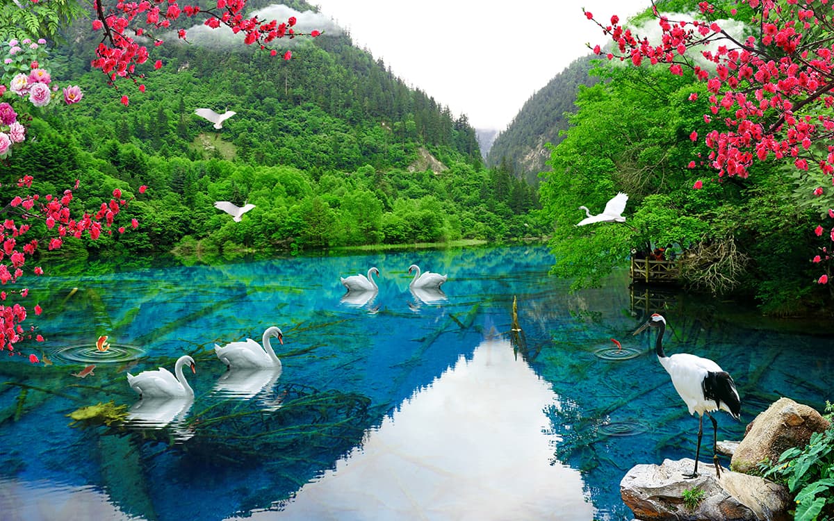 Swans Swimming in a Lake Serene Nature Wallpaper pattern detail
