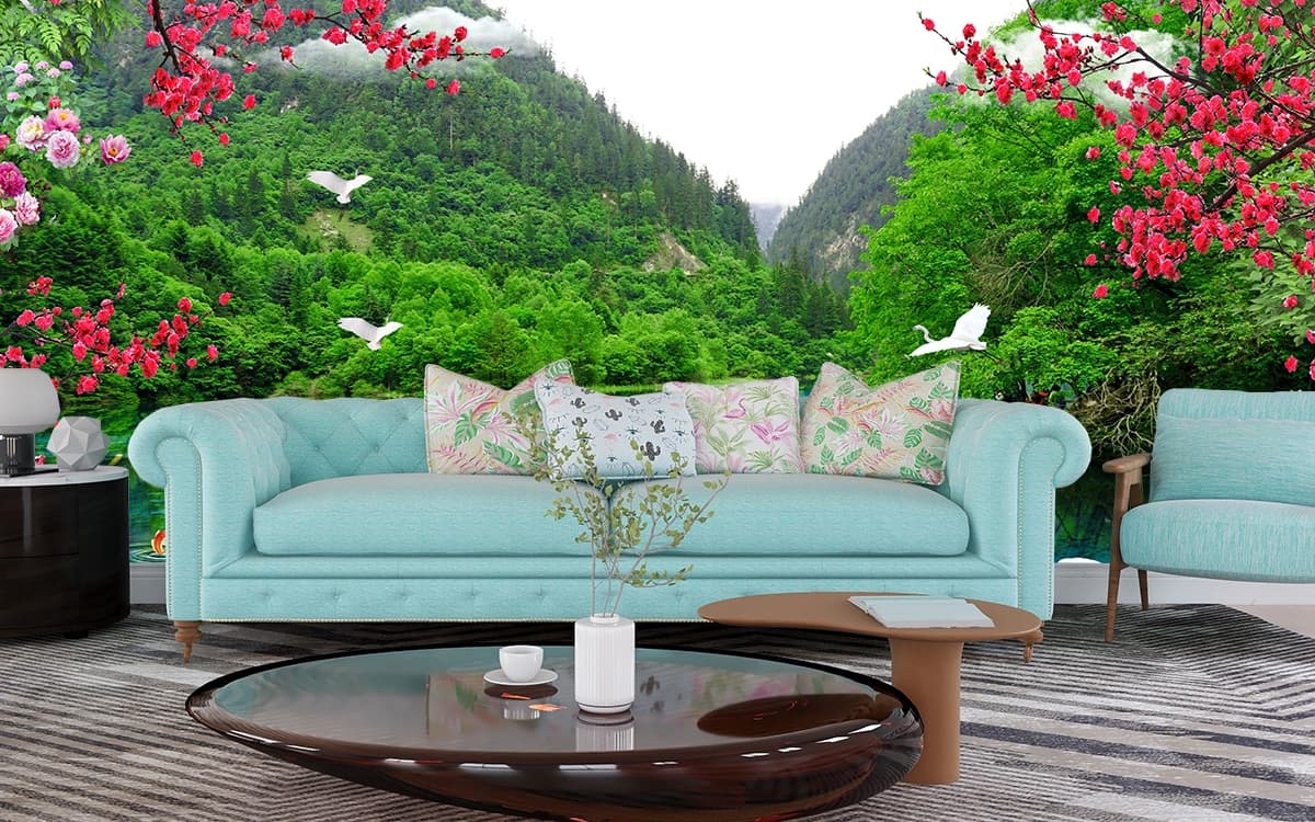 Swans Swimming in a Lake Serene Nature Wallpaper shown in a room