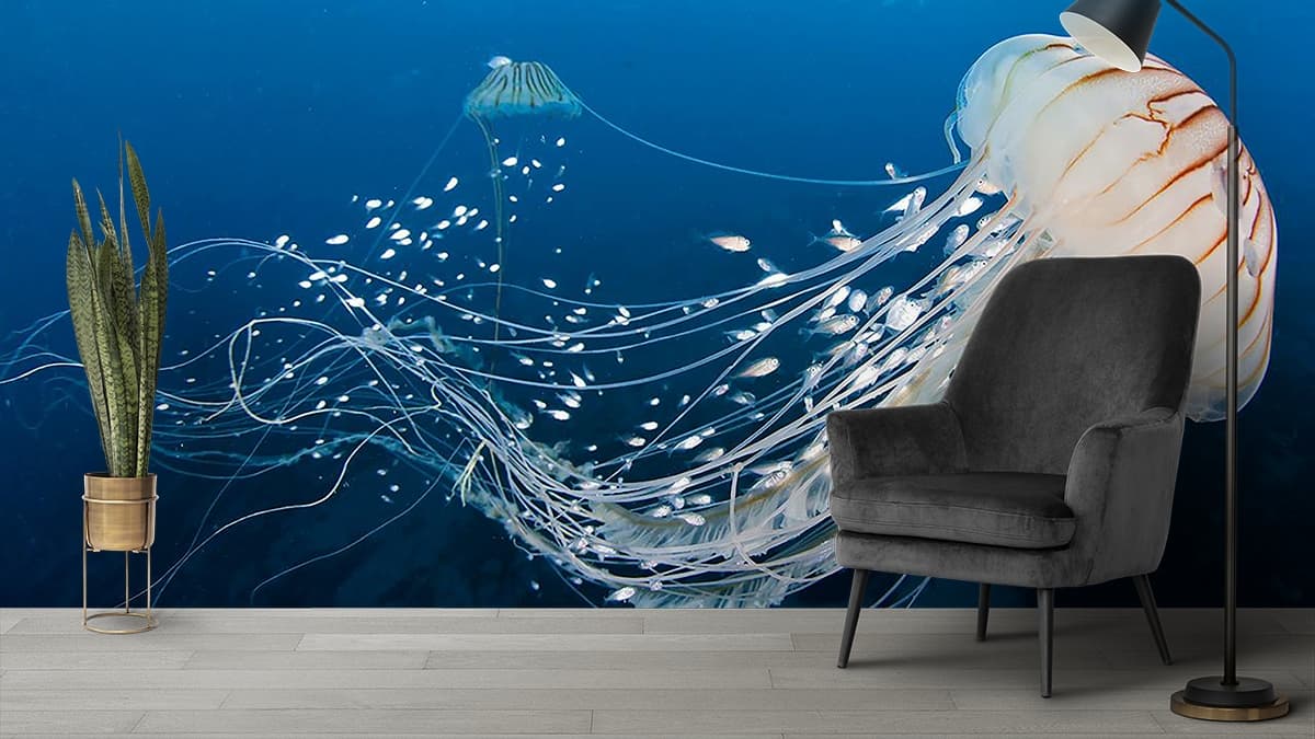 Premium Underwater Scene with Marine Life Wallpaper shown in a room