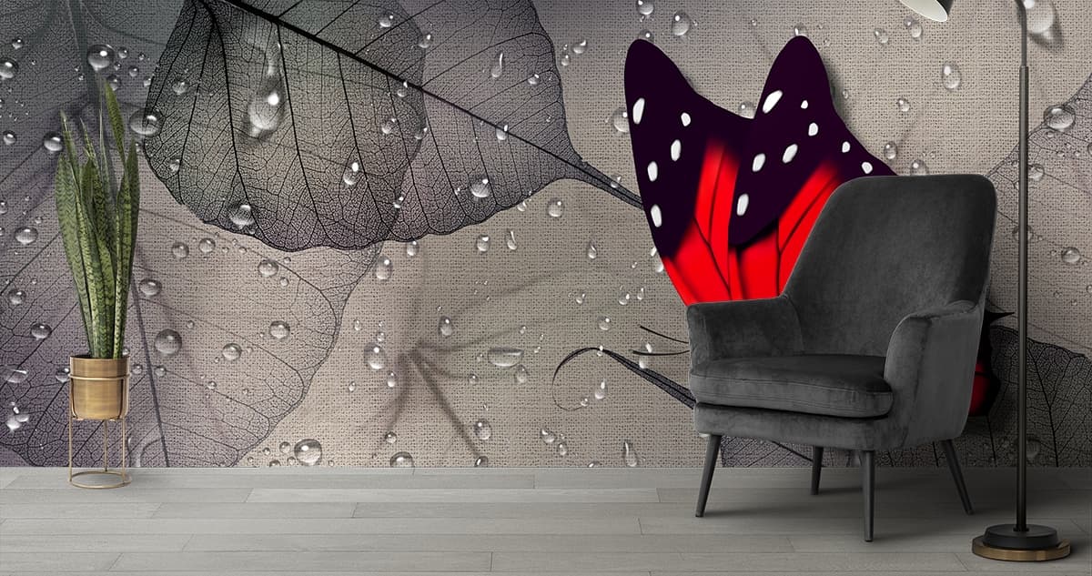 Modern Gray Leaf Art with Shiny Water Drops Wallpaper shown in a room