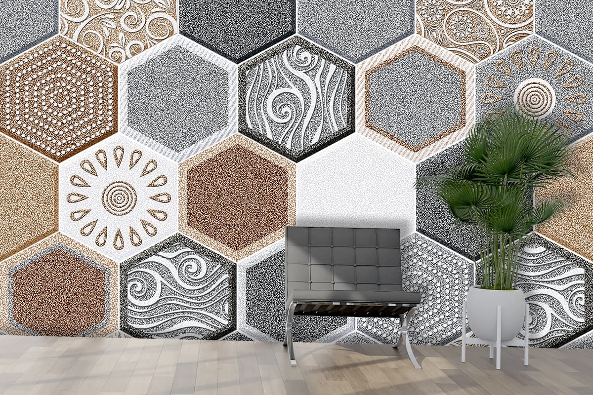 Hexagon Bohemian Tile Pattern Wallpaper for Walls shown in a room