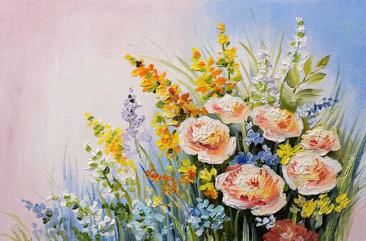 Flowers and Grass Nature Scene Wall Wallpaper pattern detail