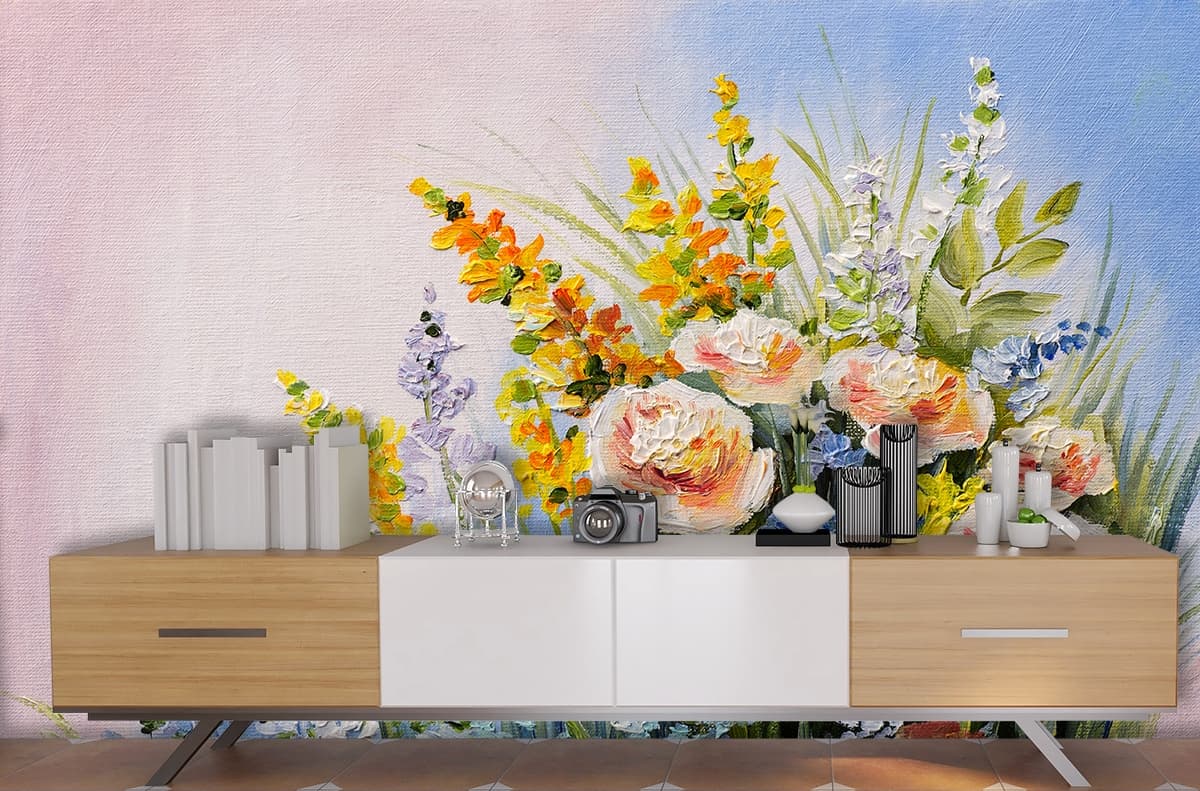 Flowers and Grass Nature Scene Wall Wallpaper shown in a room