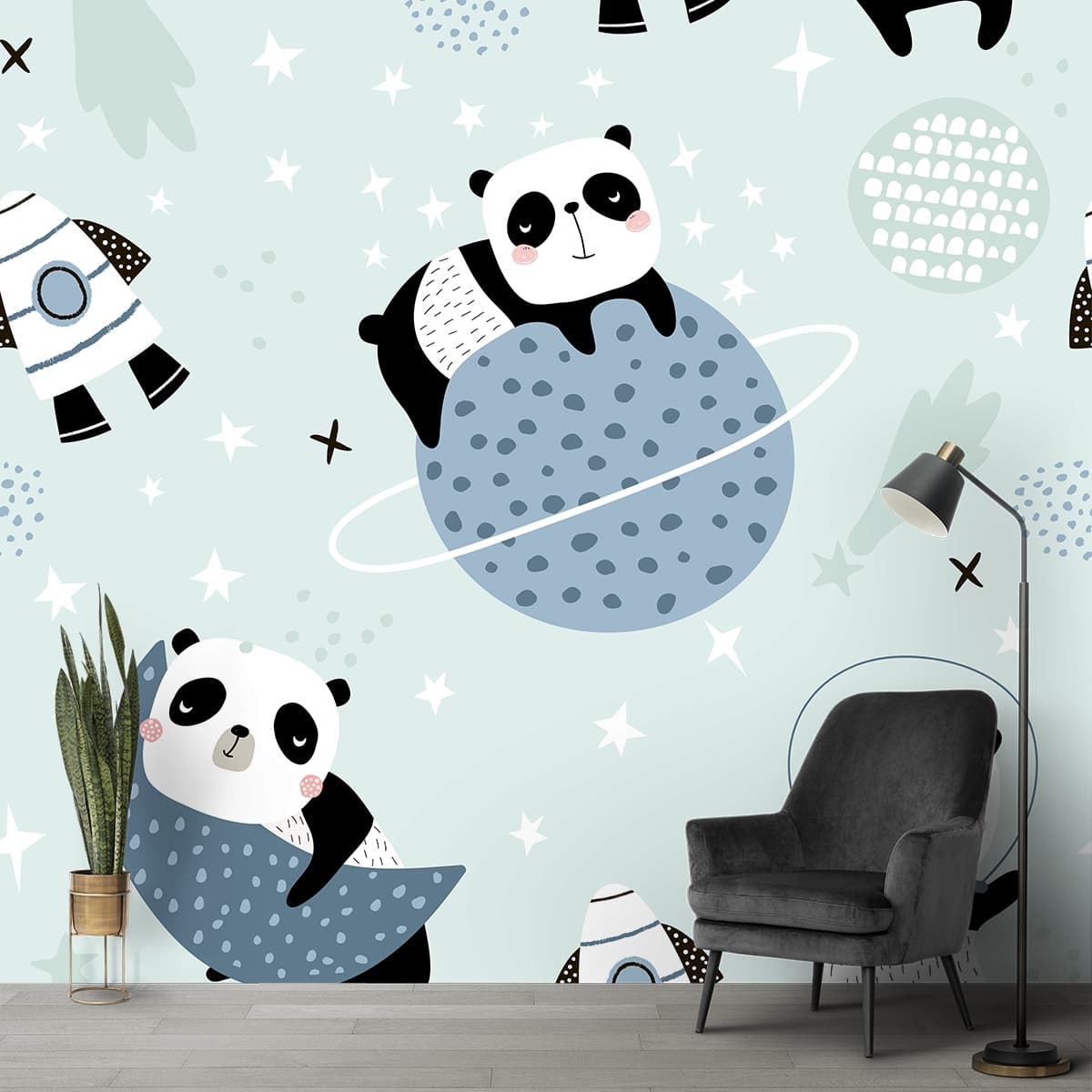 Kids Room Panda Wallpaper shown in a room