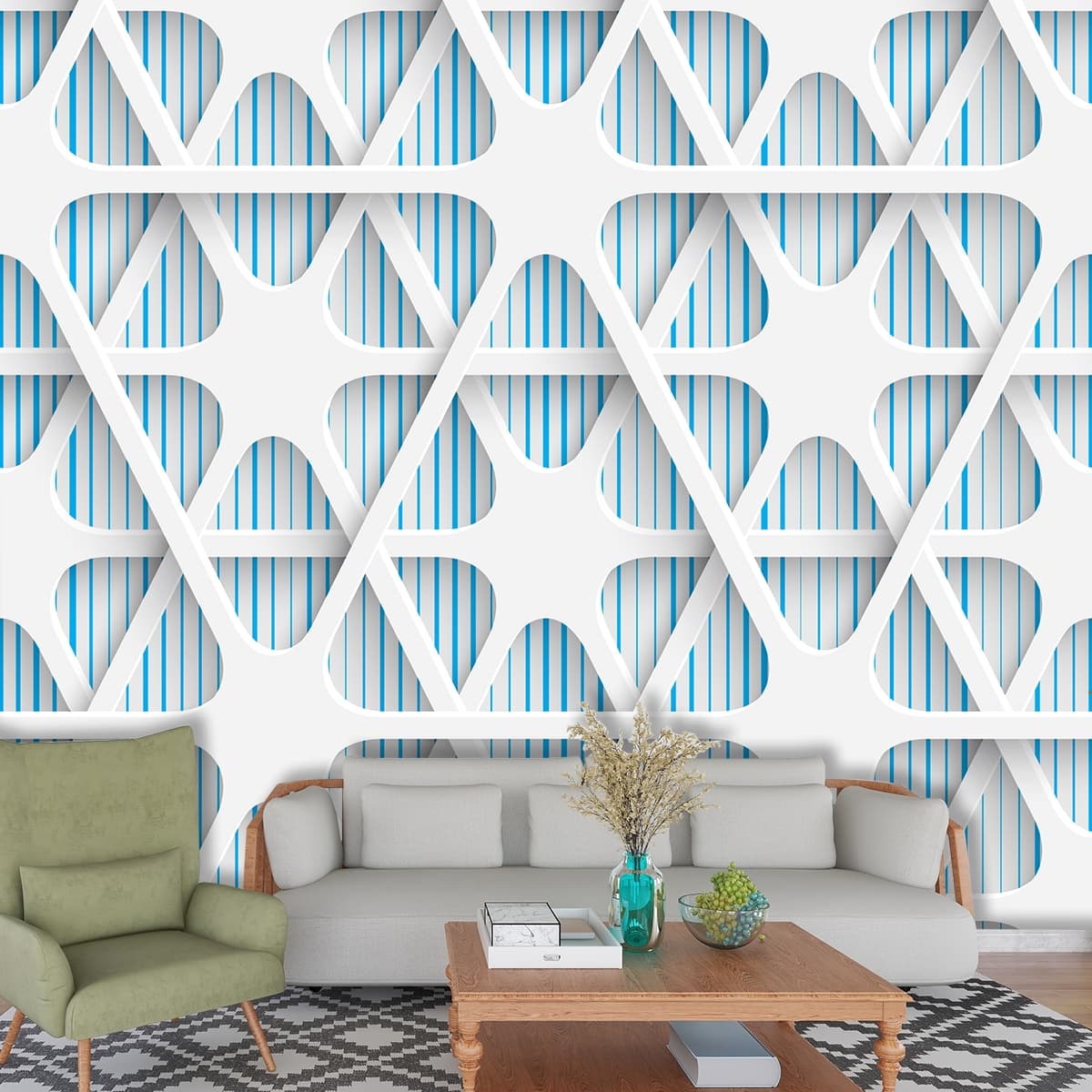 Minimal Blue White Stripe Design Aesthetic Wallpaper shown in a room