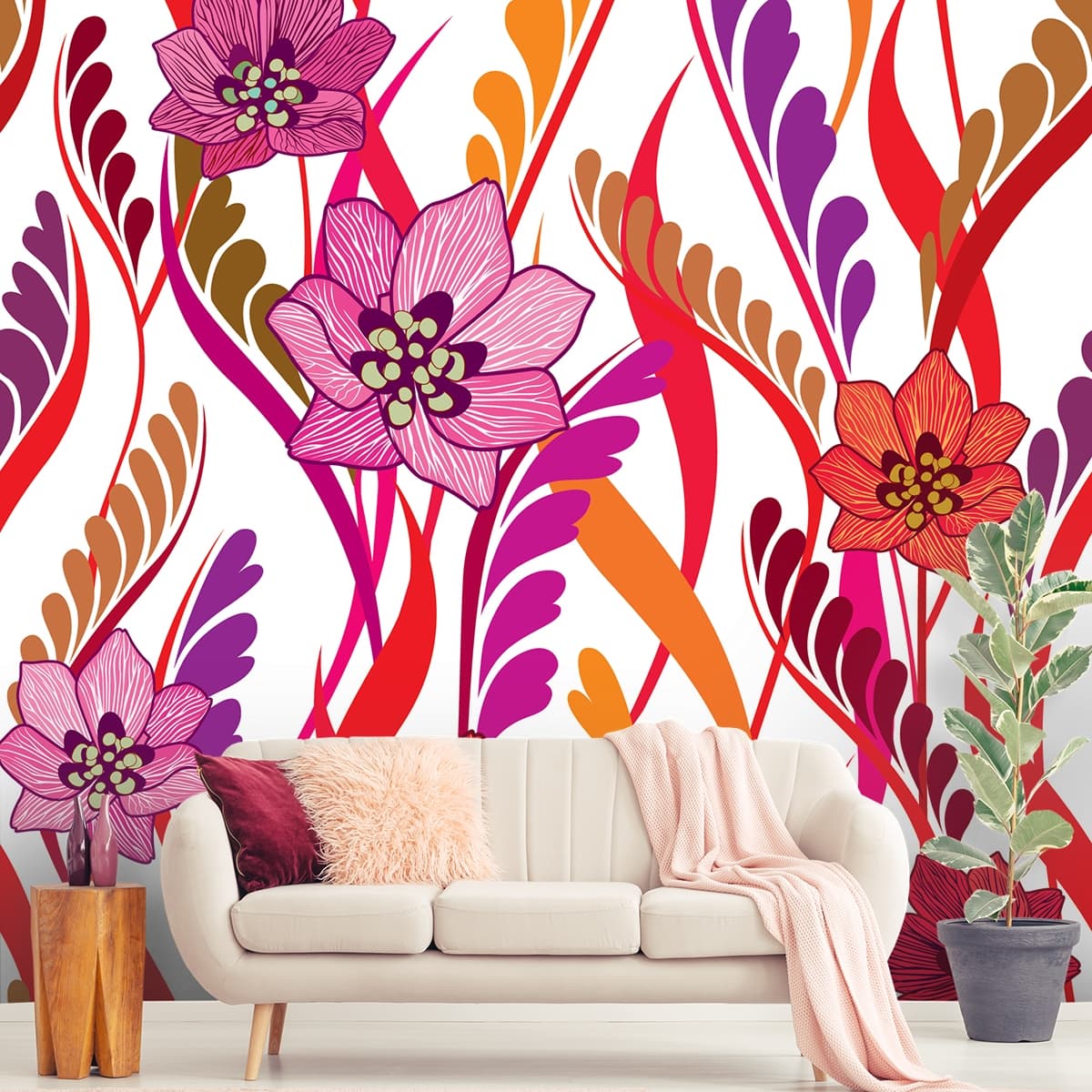 Colorful Pattern Botanical Wallpaper shown in a room